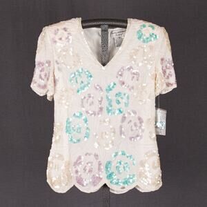 Vintage Papell Hand Made Women's Fairycore Top SMALL Silk Crepe Sequins Beaded